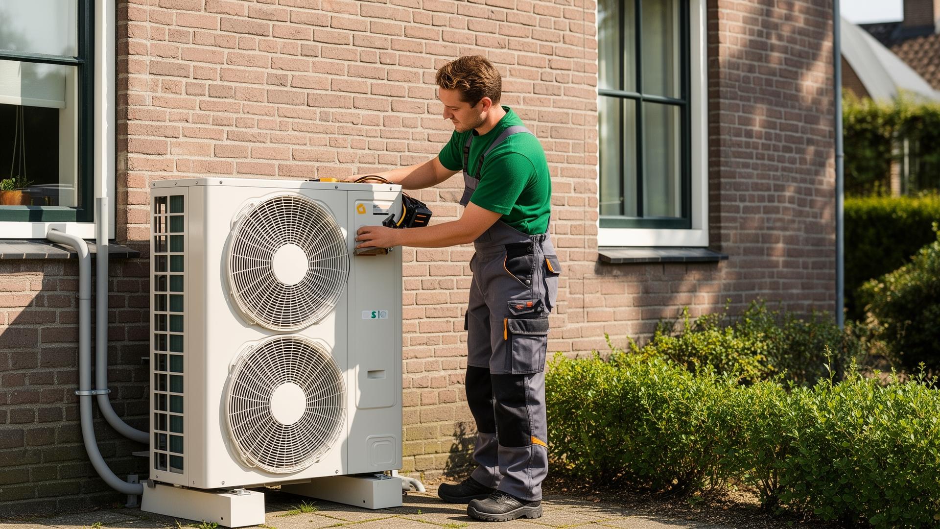 Warmtepompmonteur installeert een buitenunit bij een woning